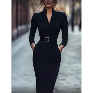 NEW ROSA CLOTHING women's stand collar fitted dress in black